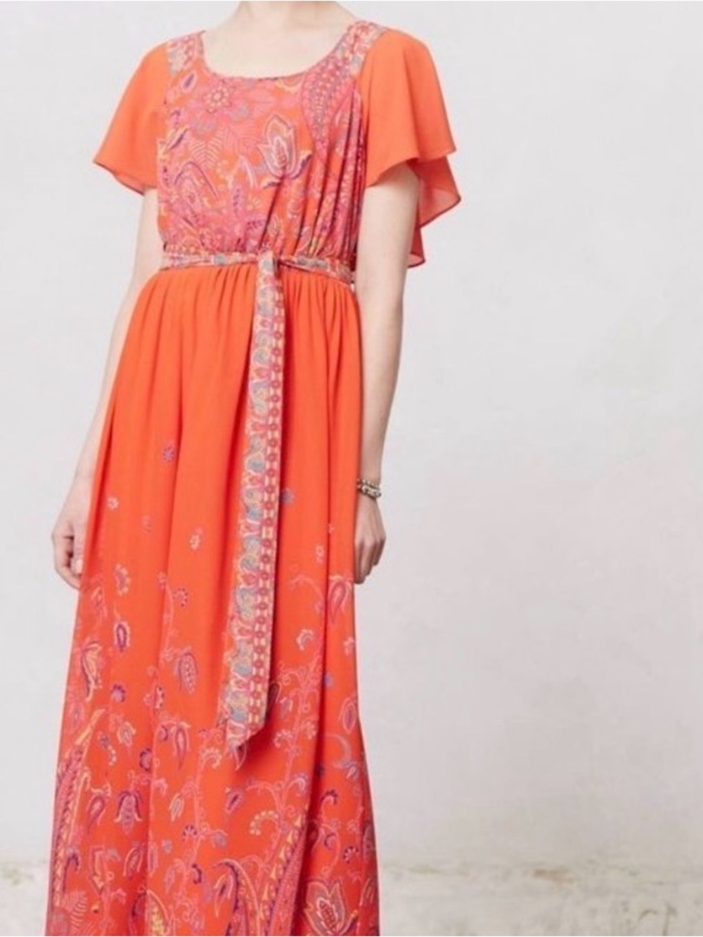 Maeve Coral-Orange Paisley Maxi Dress with Tie Waist